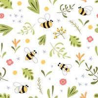 Herbal seamless pattern with insects bee Green herb summer time background. Nature organic design Ecological wild pattern Botanical print textile design Green illustration Endless cute bee ornament. vector