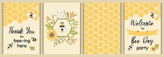 juego de fiesta de abejas. plantillas de tarjetas de día de abeja dulce para baby shower, fiesta infantil, cumpleaños, evento temático infantil. Bienvenido, gracias. linda invitación dibujada a mano imprimir pancarta ilustración de abejorro producto para bebés. vector