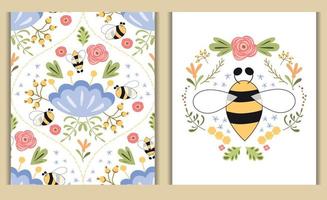 Nature card set. Bee honey flowers print for cosmetic shop design Beautiful summer illustration Floral collection. Cute hand drawn flower. Natural botanical background. Damask floral print. Bee card. vector