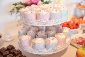 Delicious sweets arranged on the table for wedding reception photo
