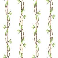 Watercolor hand drawn seamless pattern of spring branches and twigs with fresh leaves. Isolated on white background Design for invitations, wedding, greeting cards, wallpaper, print, textile. vector