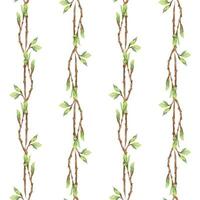 Watercolor hand drawn seamless pattern of spring branches and twigs with fresh leaves. Isolated on white background Design for invitations, wedding, greeting cards, wallpaper, print, textile. vector