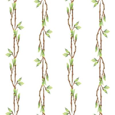 Watercolor hand drawn seamless pattern of spring branches and twigs with fresh leaves. Isolated on white background Design for invitations, wedding, greeting cards, wallpaper, print, textile.