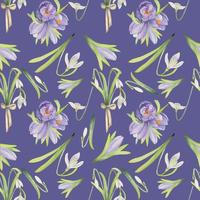 Watercolor hand drawn seamless pattern with spring flowers, crocus, snowdrops, leaves, stems. Isolated on color background Design for invitations, wedding, greeting cards, wallpaper, print, textile. vector