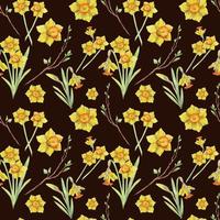 Watercolor hand drawn seamless pattern with spring flowers, daffodils, leaves, stems, branches. Isolated on white background Design for invitations, wedding, greeting cards, wallpaper, print, textile. vector