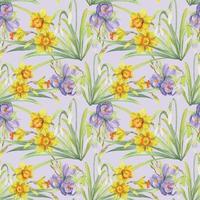 Watercolor hand drawn seamless pattern with spring flowers, daffodils, crocus, snowdrops. Isolated on white background Design for invitations, wedding, greeting cards, wallpaper, print, textile vector