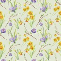 Watercolor hand drawn seamless pattern with spring flowers, daffodils, crocus, snowdrops. Isolated on white background Design for invitations, wedding, greeting cards, wallpaper, print, textile. vector