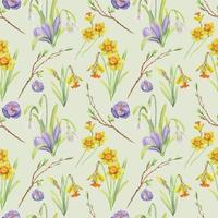 Watercolor hand drawn seamless pattern with spring flowers, daffodils, crocus, snowdrops. Isolated on white background Design for invitations, wedding, greeting cards, wallpaper, print, textile. vector