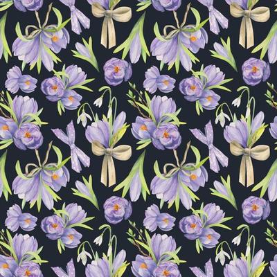 Watercolor hand drawn seamless pattern with spring flowers, crocus, snowdrops, leaves, stems. Isolated on color background Design for invitations, wedding, greeting cards, wallpaper, print, textile.