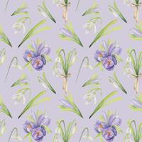 Watercolor hand drawn seamless pattern with spring flowers, crocus, snowdrops, leaves, stems. Isolated on color background Design for invitations, wedding, greeting cards, wallpaper, print, textile. vector
