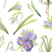 Watercolor hand drawn seamless pattern with spring flowers, crocus, snowdrops, leaves, stems. Isolated on color background Design for invitations, wedding, greeting cards, wallpaper, print, textile. vector