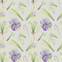 Watercolor hand drawn seamless pattern with spring flowers, crocus, snowdrops, leaves, stems. Isolated on color background Design for invitations, wedding, greeting cards, wallpaper, print, textile. vector