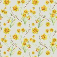 Watercolor hand drawn seamless pattern with spring flowers, daffodils, leaves, stems, branches. Isolated on white background Design for invitations, wedding, greeting cards, wallpaper, print, textile. vector