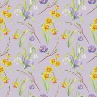 Watercolor hand drawn seamless pattern with spring flowers, daffodils, crocus, snowdrops. Isolated on white background Design for invitations, wedding, greeting cards, wallpaper, print, textile. vector