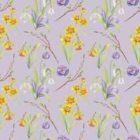 Watercolor hand drawn seamless pattern with spring flowers, daffodils, crocus, snowdrops. Isolated on white background Design for invitations, wedding, greeting cards, wallpaper, print, textile. vector