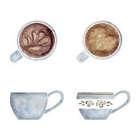 conjunto de objetos dibujados a mano con acuarela. tazas de café capuccino, porcelana y oro, vista superior y lateral. aislado sobre fondo blanco. para invitaciones, cafetería, menú de restaurante, impresión, sitio web, tarjetas vector