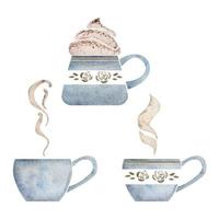 Watercolor hand drawn set of objects. Coffee cups with steam and whipped cream, porcelain and gold. Isolated on white background. For invitations, cafe, restaurant food menu, print, website, cards vector