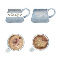 conjunto de objetos dibujados a mano con acuarela. tazas de café capuccino, porcelana y oro, vista superior y lateral. aislado sobre fondo blanco. para invitaciones, cafetería, menú de restaurante, impresión, sitio web, tarjetas vector