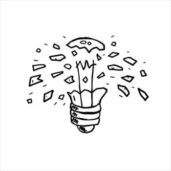 bombilla reventada. grieta en la bombilla. dibujar fragmentos de vidrio. concepto de idea y solución del problema. garabato dibujado luz eléctrica. vector