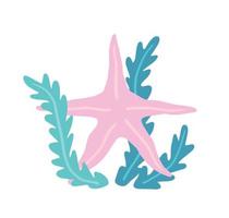 Starfish on seabed with rocks and algae. Decoration of water and ocean. Flat cartoon illustration isolated on white vector