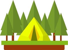 Orange tent in woods. Outdoor activity. Camp and hike. campfire and rest in forest. Trip to nature. Cartoon flat illustration vector