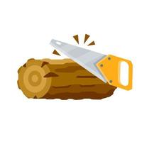 Saw cuts wood. Tool of lumberjack. Care of forest. Woodcutter operation. Harvesting of logs. Rural object. Yellow saw. Flat cartoon illustration vector