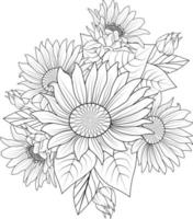 Hand-drawn sunflower flower bouquet vector sketch illustration engraved ink art botanical leaf branch collection isolated on white background coloring page and books.