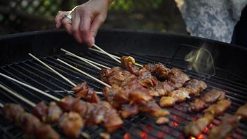 Placing Raw Chiken Skewers on a Hot Grill video