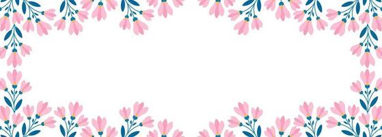 borde horizontal floral, ramitas con flores rosas y hojas de estilo plano. plantilla vectorial vector