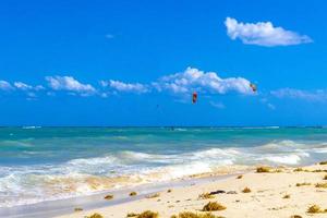 Tropical Caribbean beach water seaweed sargazo Playa del Carmen Mexico. photo