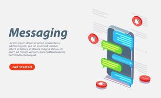 3D isometric smartphone chat dialog application interface, web banner for communication, messaging vector