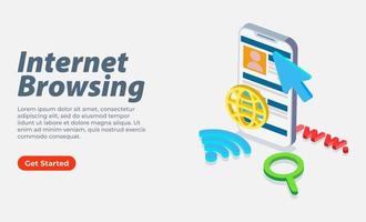 Internet browsing using smartphone and wifi connection 3d isometric web banner vector