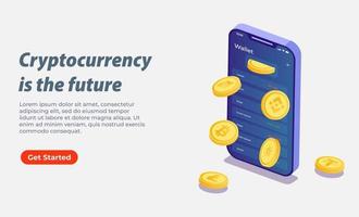 3D isometric illustration of cryptocurrencies and mobile wallet for web banner, landing page vector