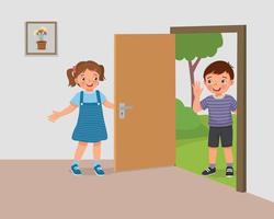 linda niña abre la puerta para que su novio le dé la bienvenida a un invitado vector
