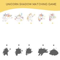 Matching unicorn shadow game for children. Cute unicorn math worksheet. Vector illustration in cartoon style.