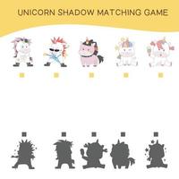 Matching unicorn shadow game for children. Cute unicorn math worksheet. Vector illustration in cartoon style.