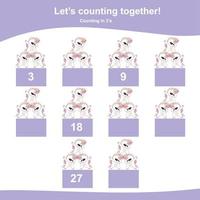 Counting unicorn game for children. Multiplying mathematic worksheet. Educational printable math sheet. Vector file.