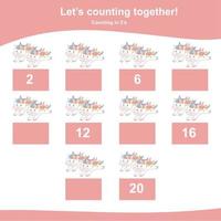 Counting unicorn game for children. Multiplying mathematic worksheet. Educational printable math sheet. Vector file.