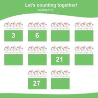 Counting unicorn game for children. Multiplying mathematic worksheet. Educational printable math sheet. Vector file.