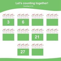 Counting unicorn game for children. Multiplying mathematic worksheet. Educational printable math sheet. Vector file.