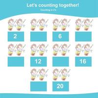 Counting unicorn game for children. Multiplying mathematic worksheet. Educational printable math sheet. Vector file.