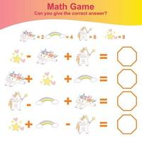 Counting unicorn game for children. Count and write answer activity for kids. Educational printable math worksheet. Vector file.