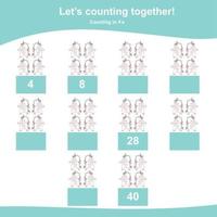 Counting unicorn game for children. Multiplying mathematic worksheet. Educational printable math sheet. Vector file.