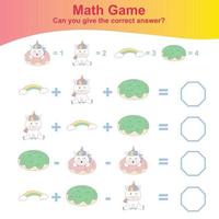 Counting unicorn game for children. Count and write answer activity for kids. Educational printable math worksheet. Vector file.