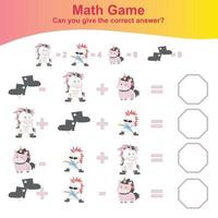 Counting unicorn game for children. Count and write answer activity for kids. Educational printable math worksheet. Vector file.