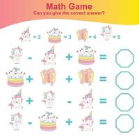 Counting unicorn game for children. Count and write answer activity for kids. Educational printable math worksheet. Vector file.