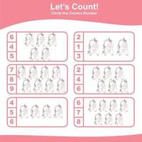 Count and Match Unicorn Game for kids. Unicorn counting game.  Math Worksheet for Preschool. Educational printable math worksheet. Vector illustration.