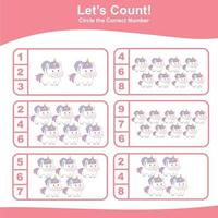 Count and Match Unicorn Game for kids. Unicorn counting game.  Math Worksheet for Preschool. Educational printable math worksheet. Vector illustration.