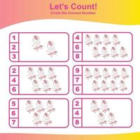 Count and Match Unicorn Game for kids. Unicorn counting game.  Math Worksheet for Preschool. Educational printable math worksheet. Vector illustration.