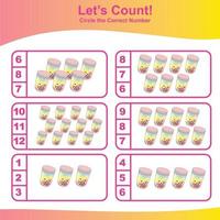 Count and Match Unicorn Game for kids. Unicorn counting game.  Math Worksheet for Preschool. Educational printable math worksheet. Vector illustration.